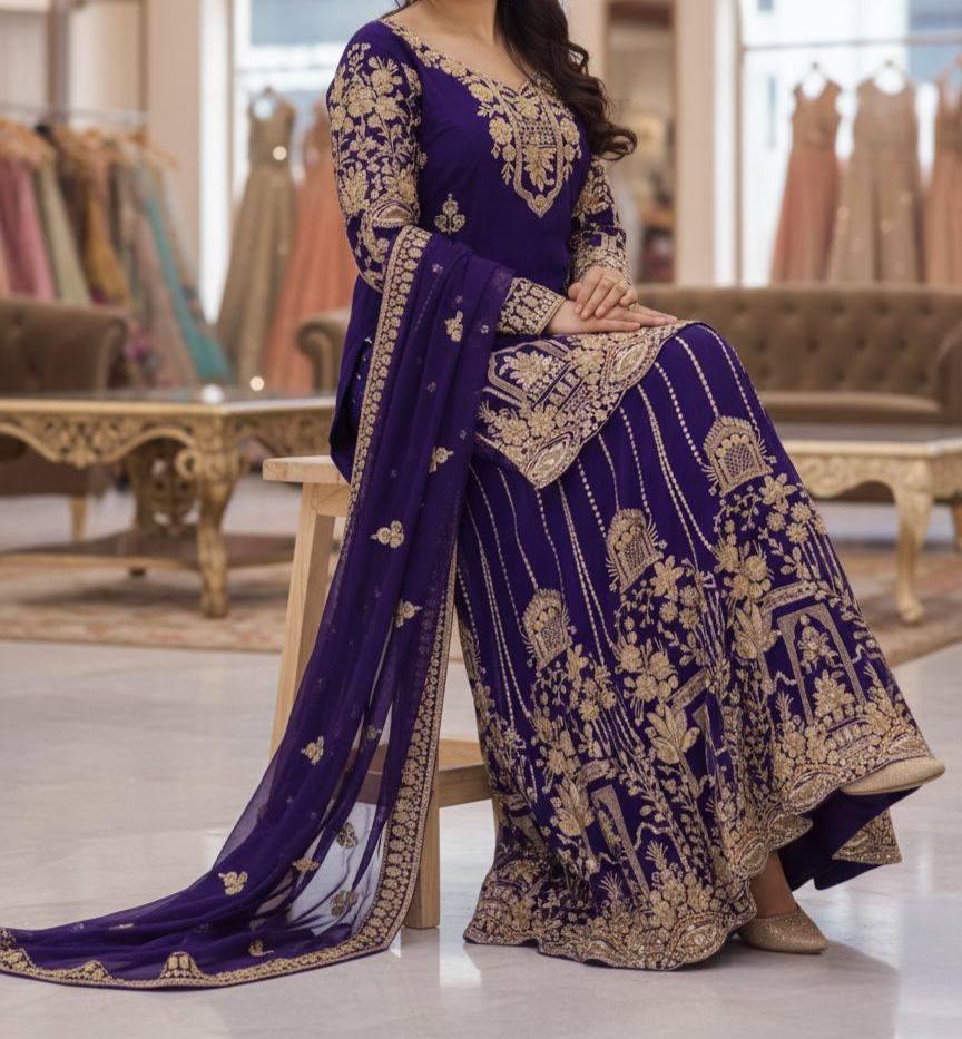 Designer Purple Georgette Palazzo Style Dress With Heavy Embroidery Work