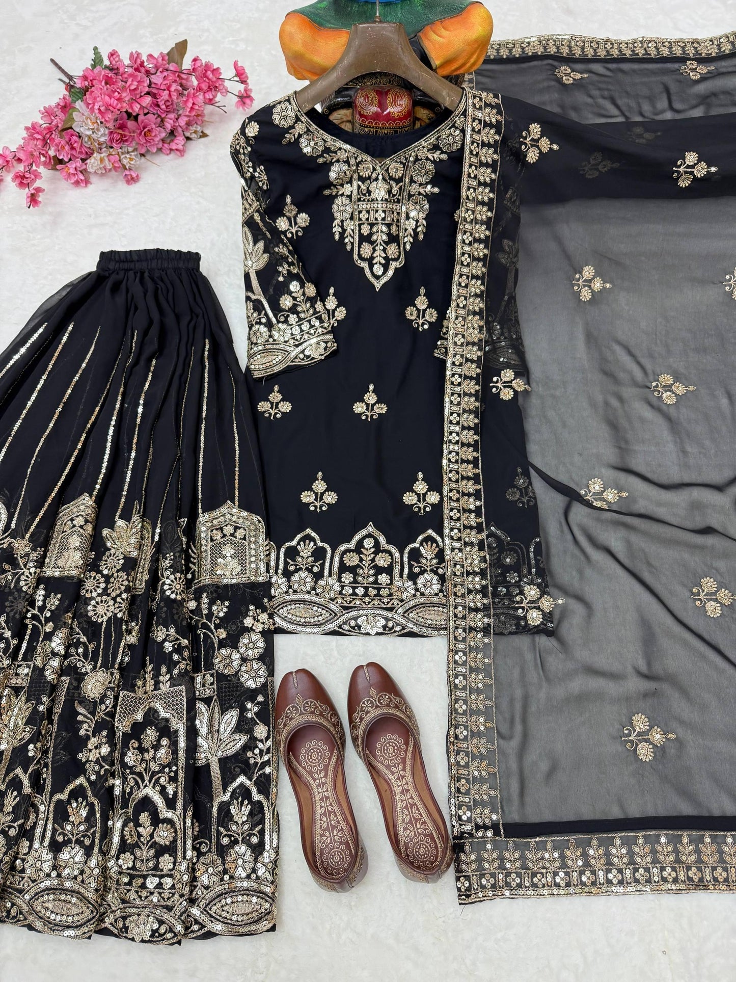Designer Black Pakistani Palazzo Set With Golden Embroidery Work