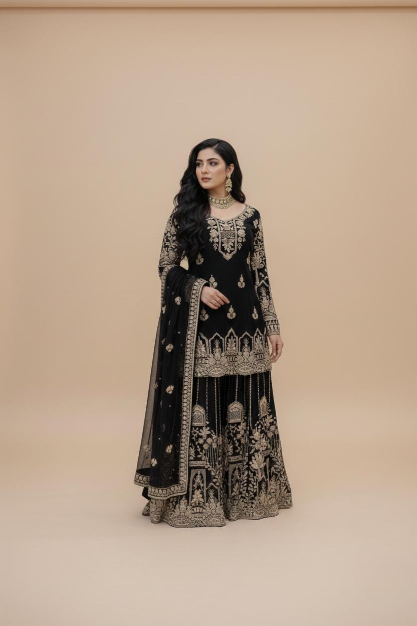 Designer Black Pakistani Palazzo Set With Golden Embroidery Work