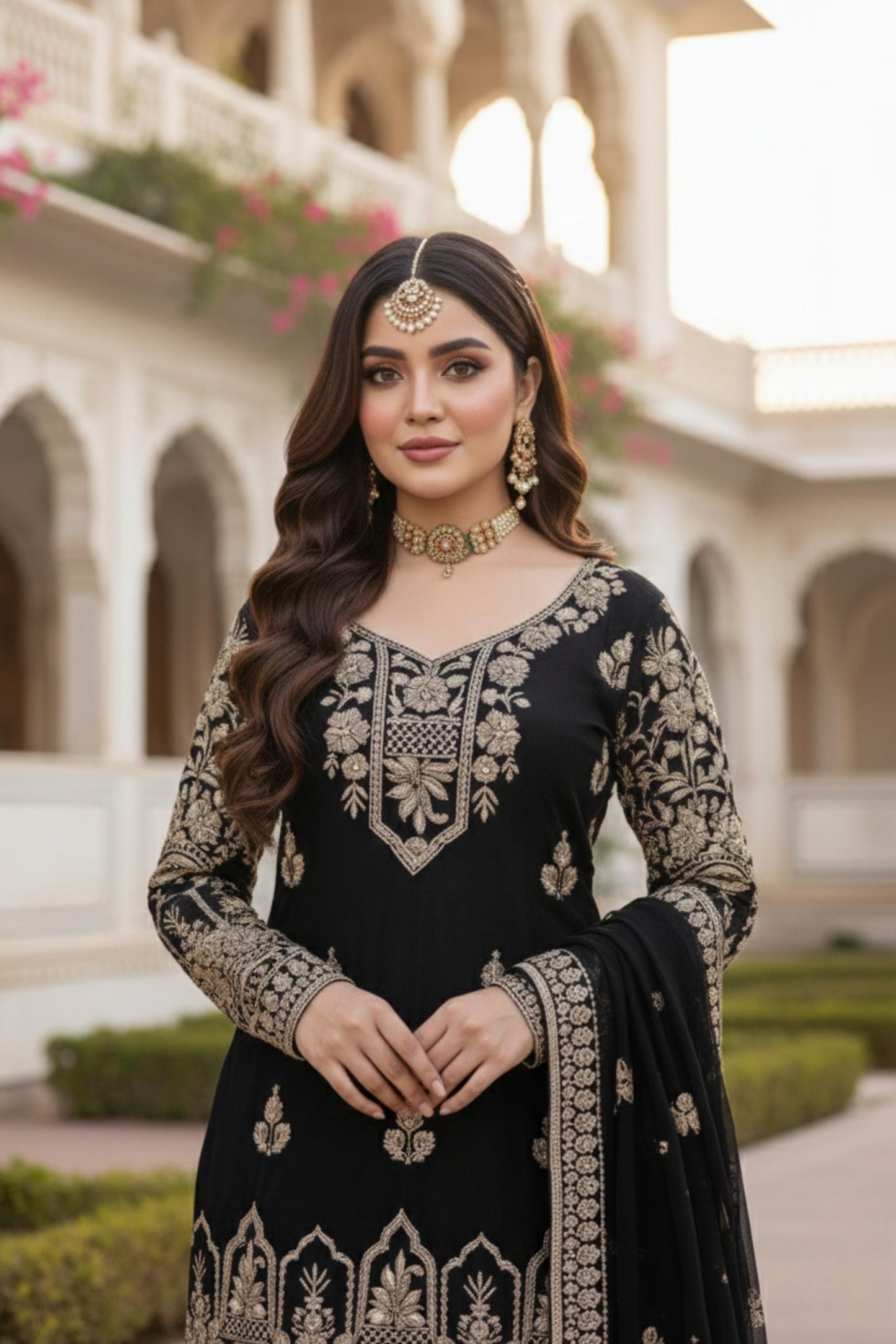 Designer Black Pakistani Palazzo Set With Golden Embroidery Work