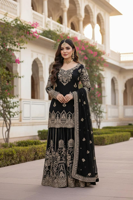 Designer Black Pakistani Palazzo Set With Golden Embroidery Work