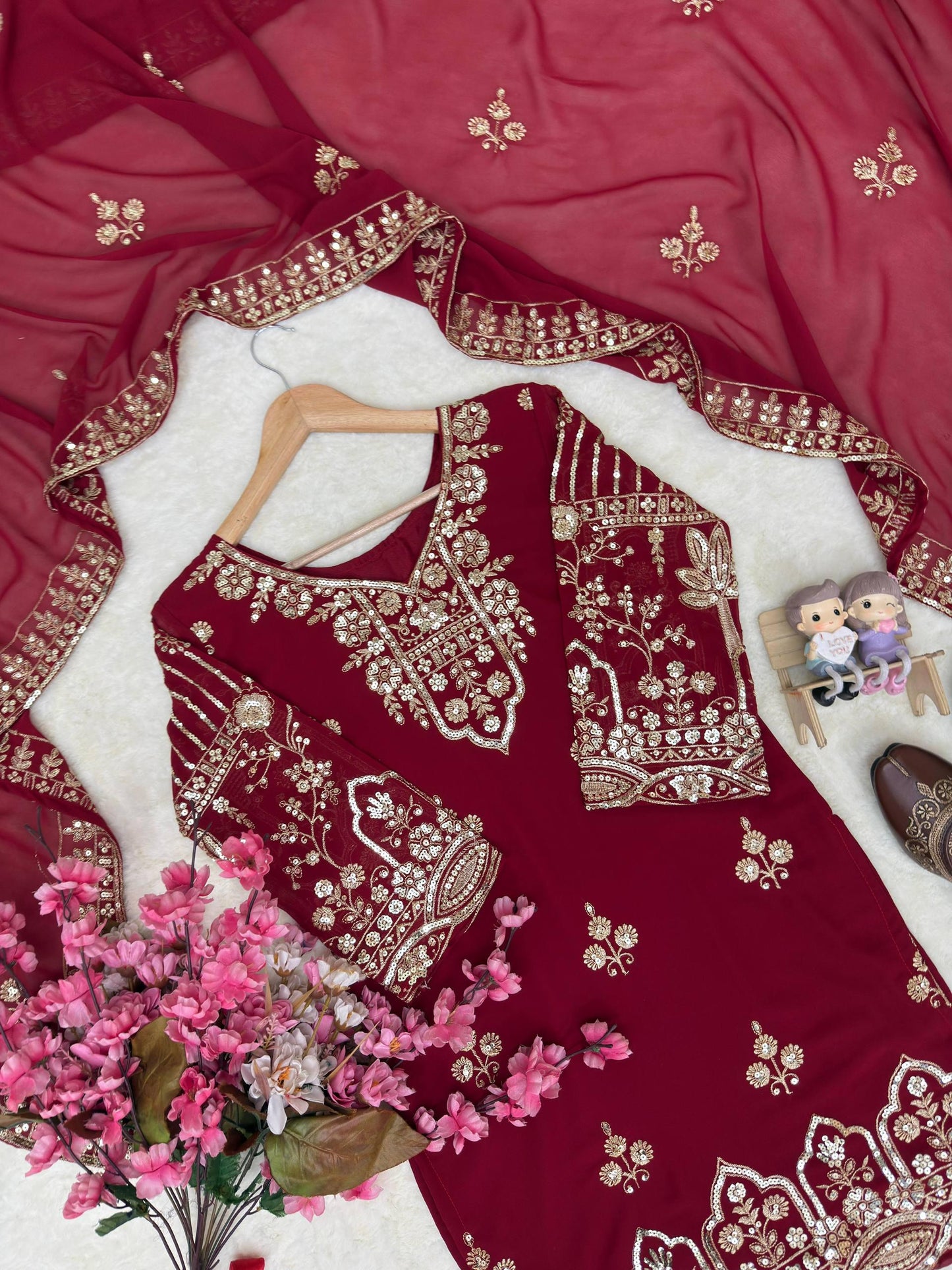 Luxury Maroon Zari Embroidery Kurti Sharara Set