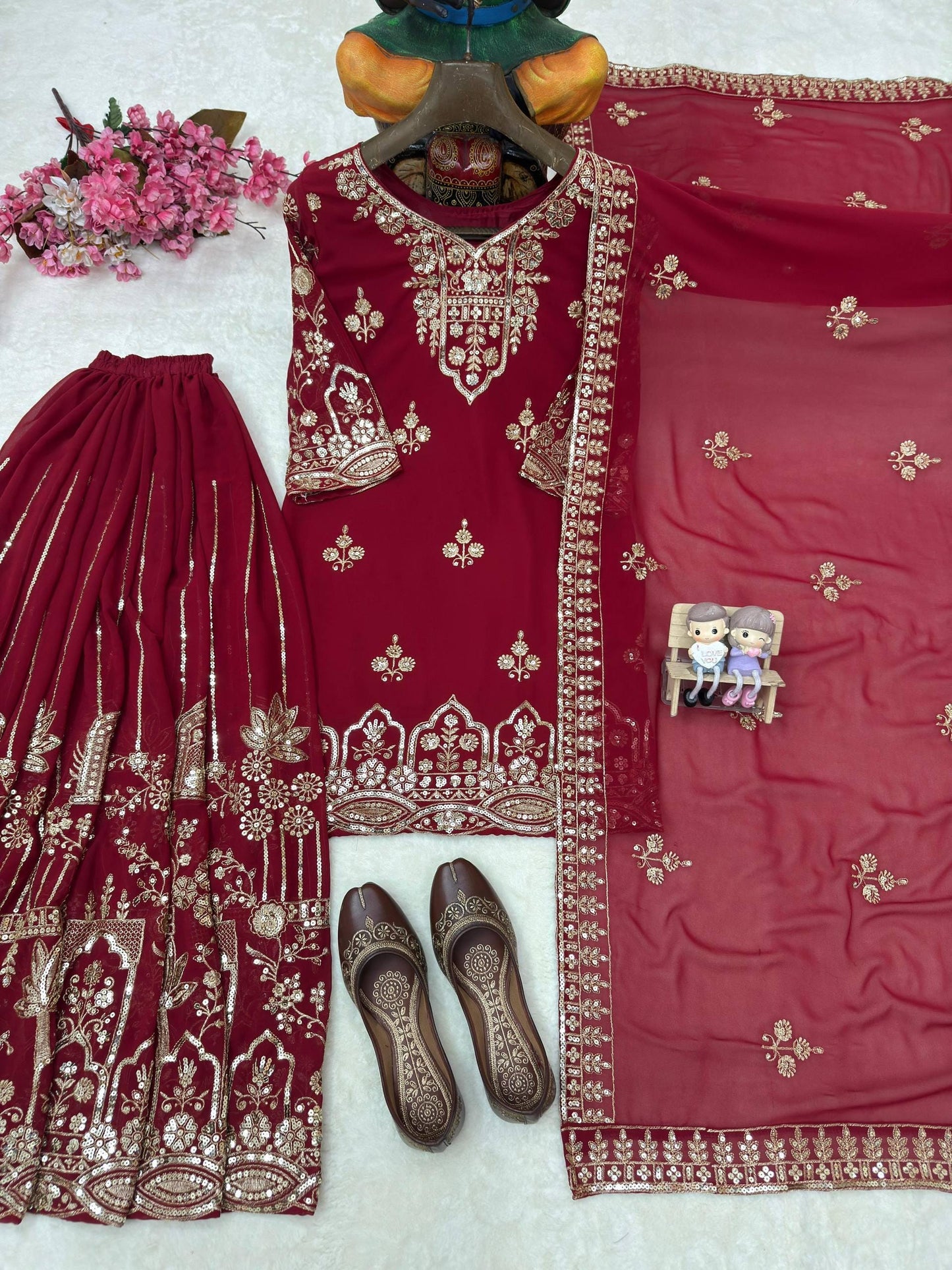 Luxury Maroon Zari Embroidery Kurti Sharara Set