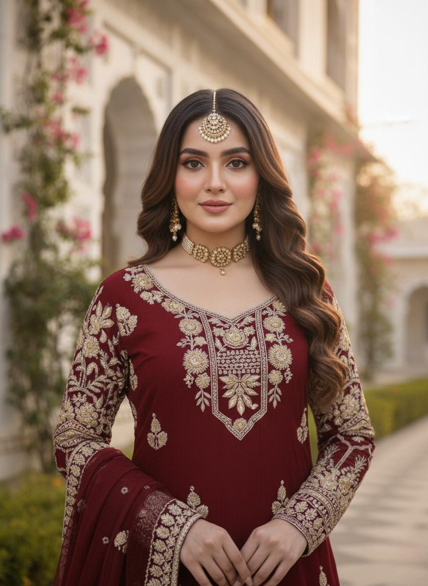 Luxury Maroon Zari Embroidery Kurti Sharara Set