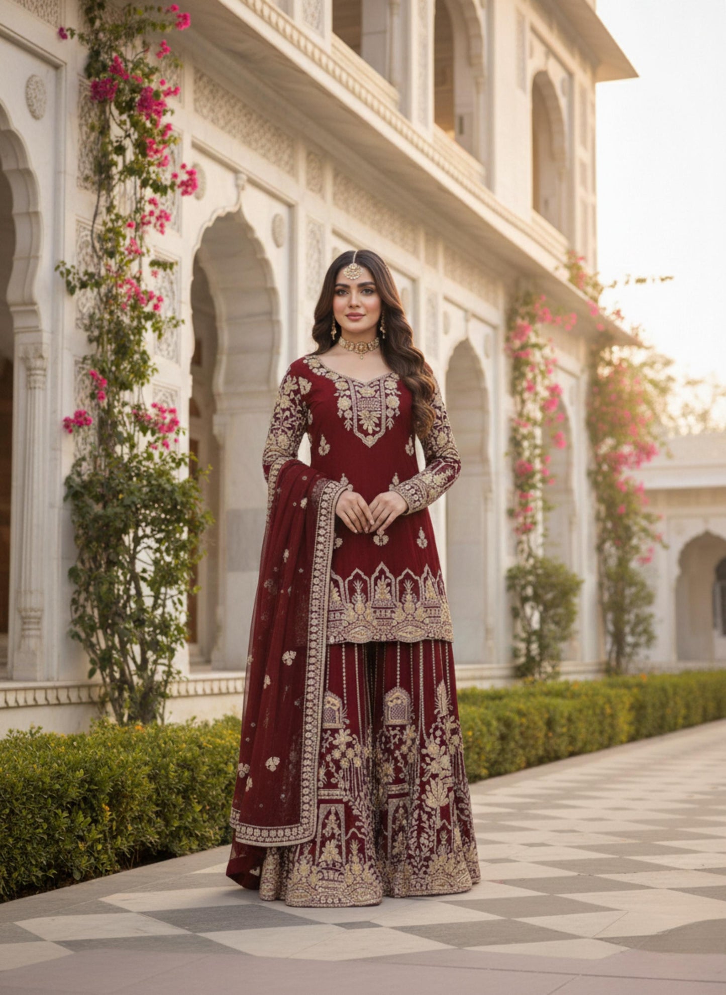 Luxury Maroon Zari Embroidery Kurti Sharara Set