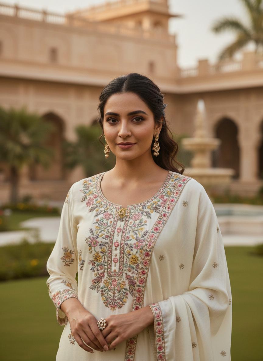 Designer White Embroidered Chinon Silk Kurta Palazzo Set with Dupatta