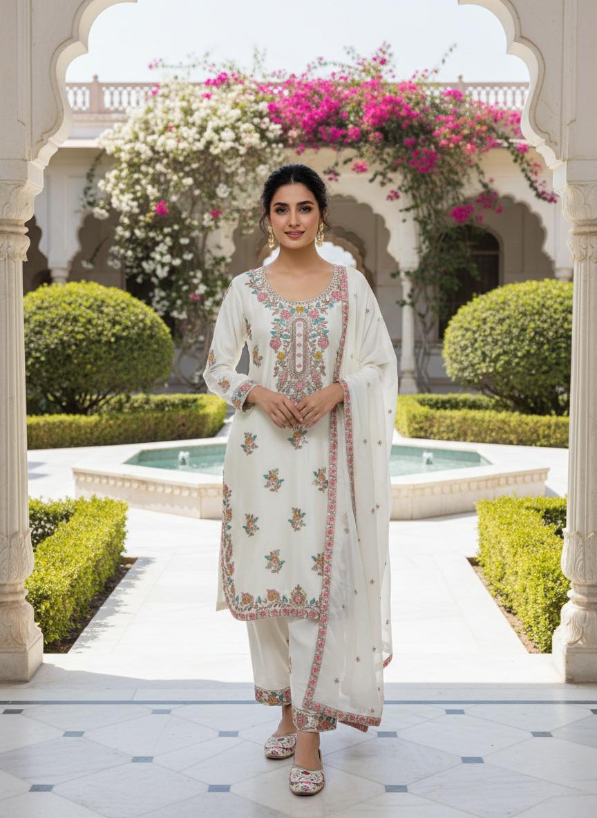 Designer White Embroidered Chinon Silk Kurta Palazzo Set with Dupatta
