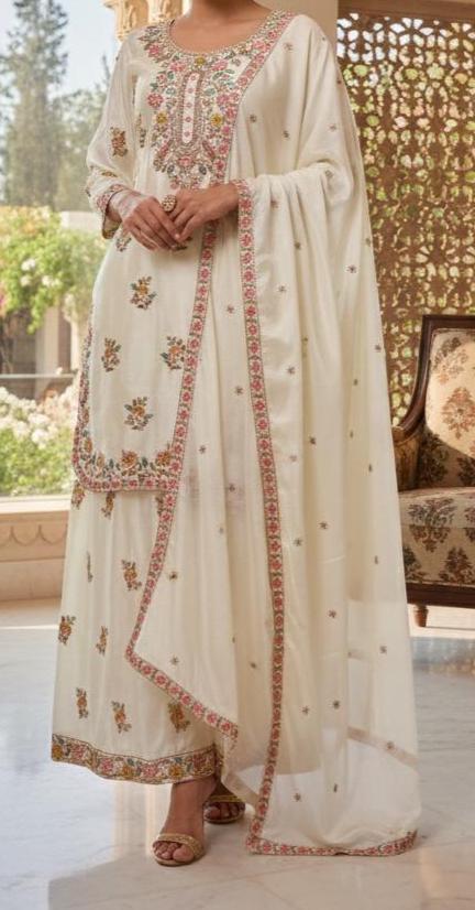 Designer White Embroidered Chinon Silk Kurta Palazzo Set with Dupatta