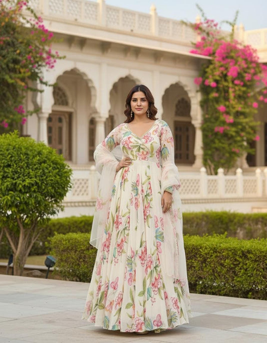 White Faux Georgette Gown with Organza Dupatta With Floral Digital Print