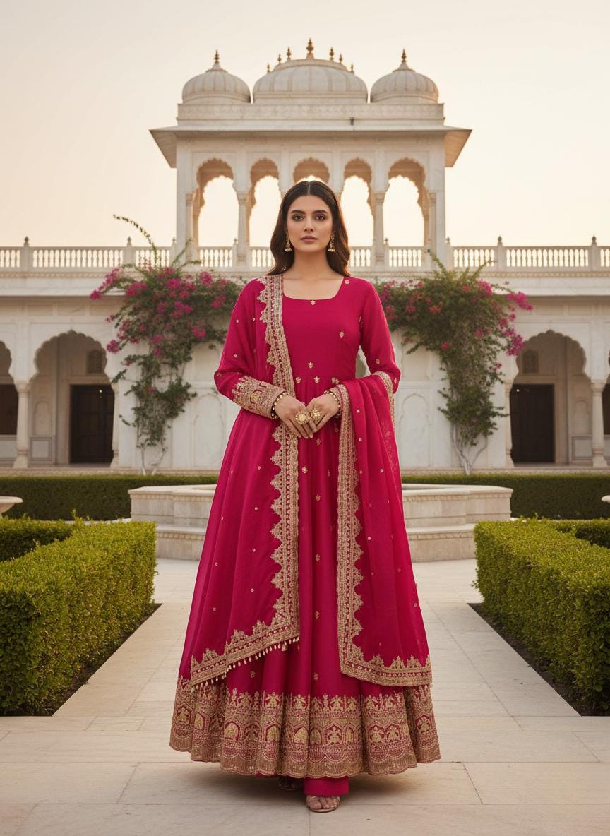 PInk Embroidered Anarkali Gown for Women with Heavy Border & Full Sleeves