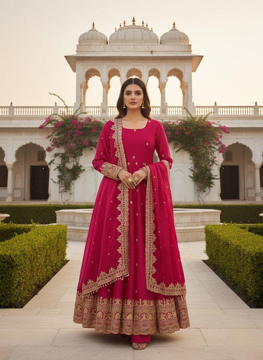 PInk Embroidered Anarkali Gown for Women with Heavy Border & Full Sleeves