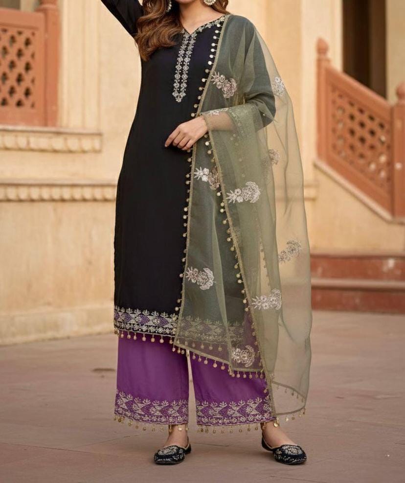 Black Embroidered Kurta with Purple Palazzo & Organza Dupatta Set for Women