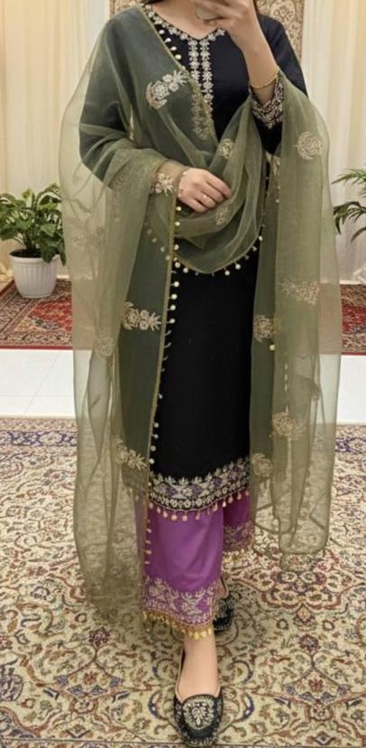 Black Embroidered Kurta with Purple Palazzo & Organza Dupatta Set for Women