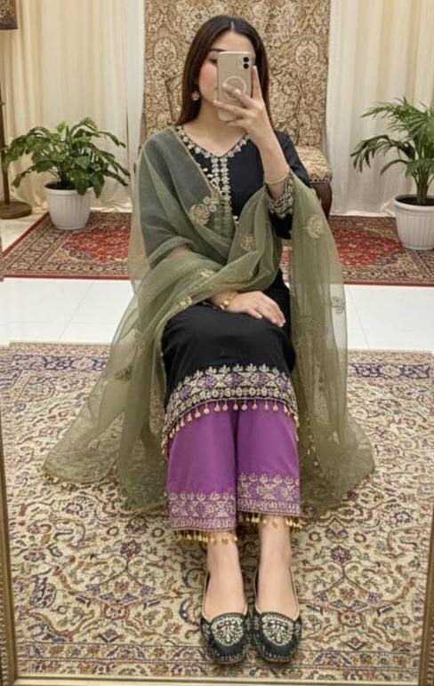 Black Embroidered Kurta with Purple Palazzo & Organza Dupatta Set for Women