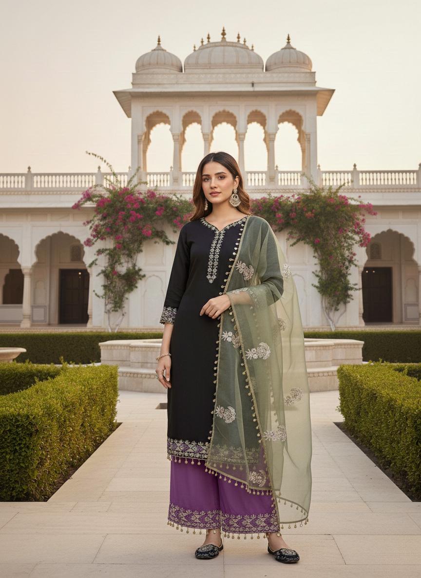 Black Embroidered Kurta with Purple Palazzo & Organza Dupatta Set for Women