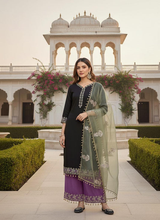 Black Embroidered Kurta with Purple Palazzo & Organza Dupatta Set for Women