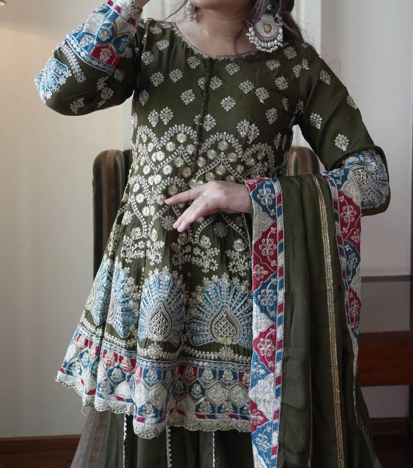 Olive Green Chinon Embroidered Kurta Palazzo Dupatta Set | Festive Ethnic Wear