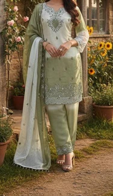 Sage Green Embroidered Pakistani Suit Set with Dupatta Salwar Kameez for Women