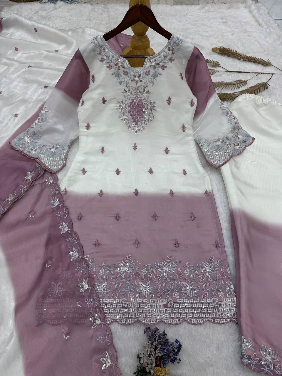 White & Mauve Embroidered Pakistani Suit Set with Dupatta Salwar Kameez for Women