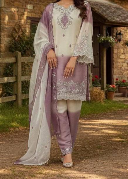 White & Mauve Embroidered Pakistani Suit Set with Dupatta Salwar Kameez for Women