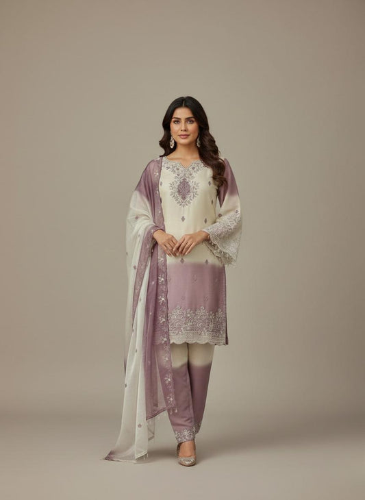 White & Mauve Embroidered Pakistani Suit Set with Dupatta Salwar Kameez for Women