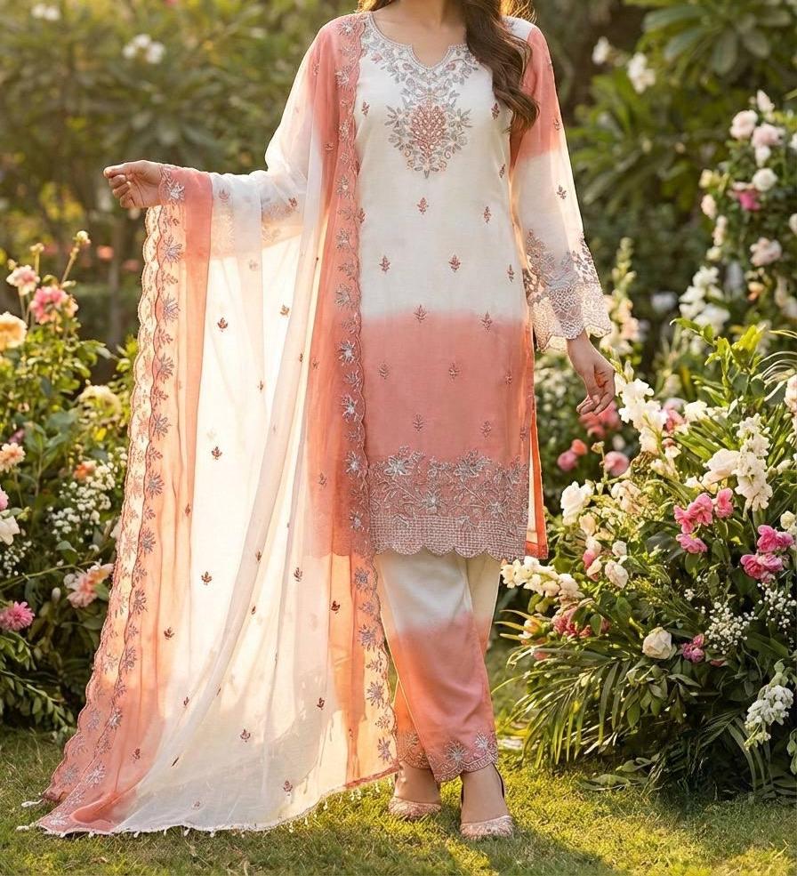 Pink Ombre Embroidered Pakistani Suit Set with Organza Dupatta | Elegant Festive & Party Wear