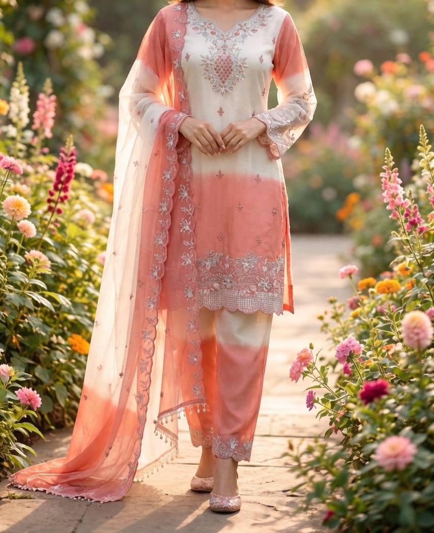 Pink Ombre Embroidered Pakistani Suit Set with Organza Dupatta | Elegant Festive & Party Wear