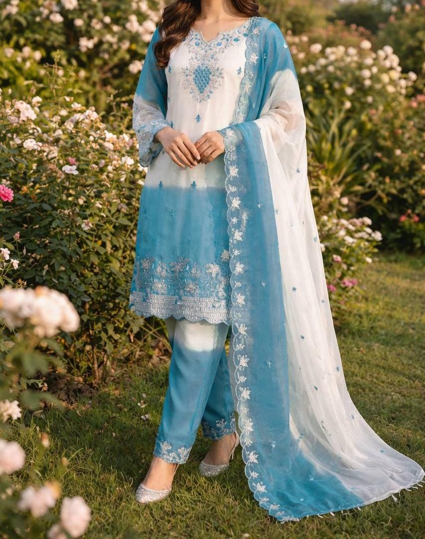 Sky Blue Ombre Embroidered Pakistani Suit Set with Organza Dupatta
