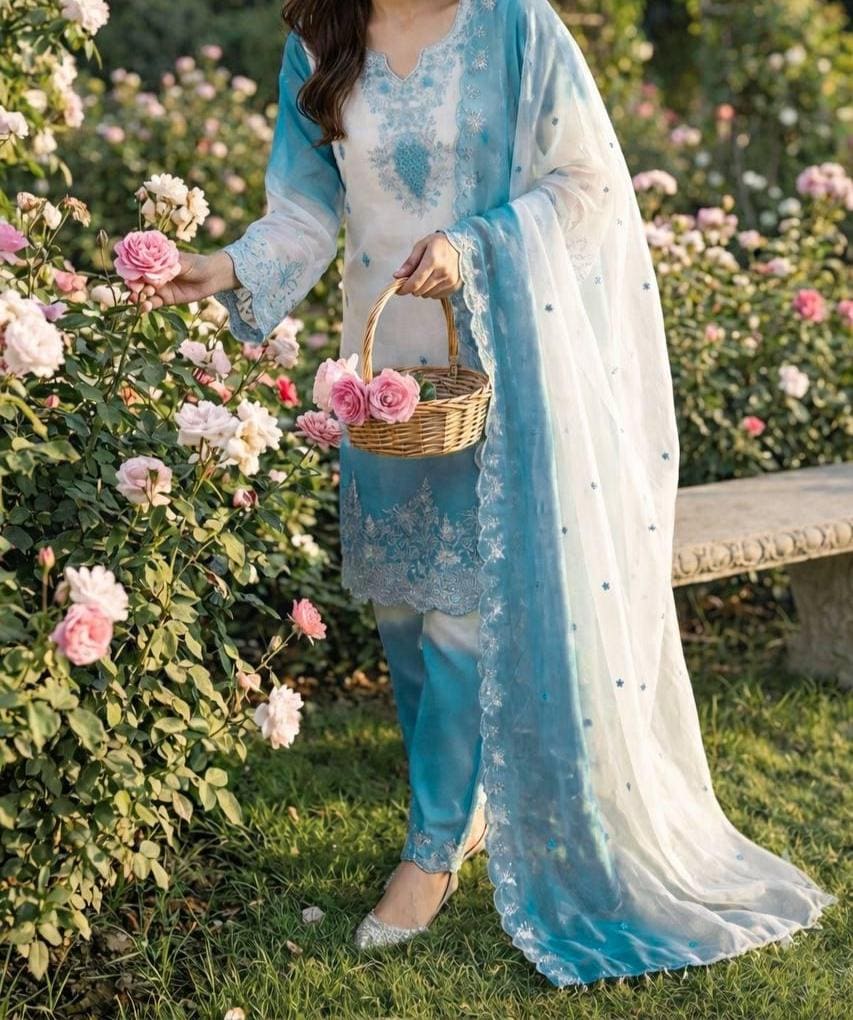 Sky Blue Ombre Embroidered Pakistani Suit Set with Organza Dupatta