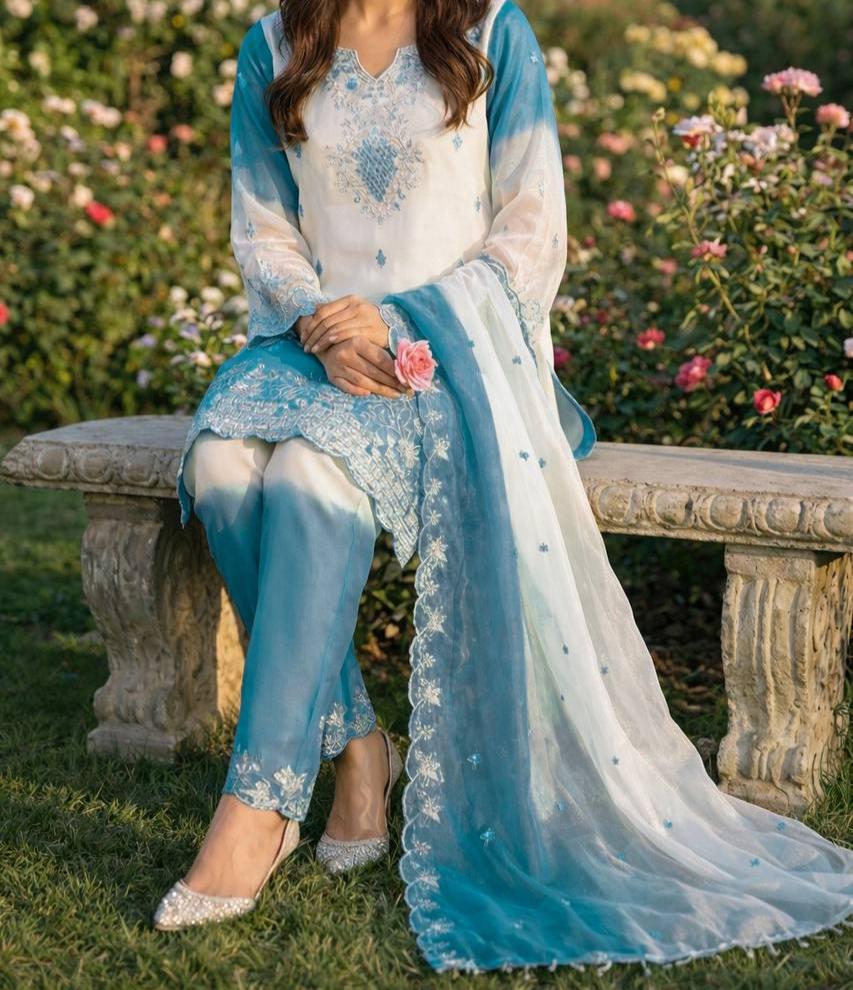 Sky Blue Ombre Embroidered Pakistani Suit Set with Organza Dupatta