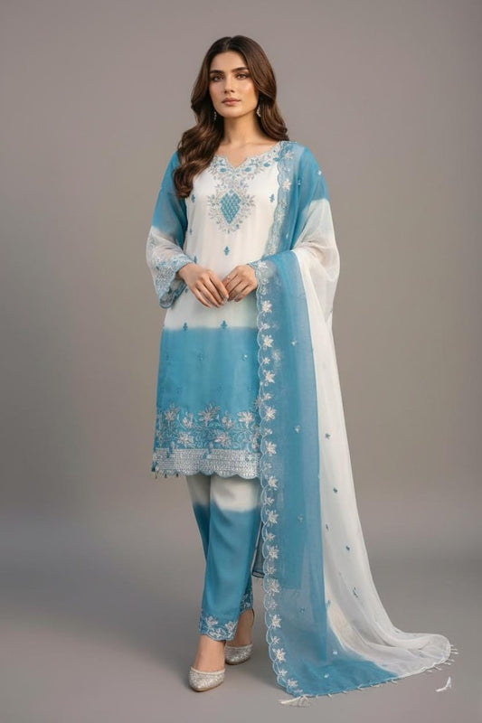 Sky Blue Ombre Embroidered Pakistani Suit Set with Organza Dupatta