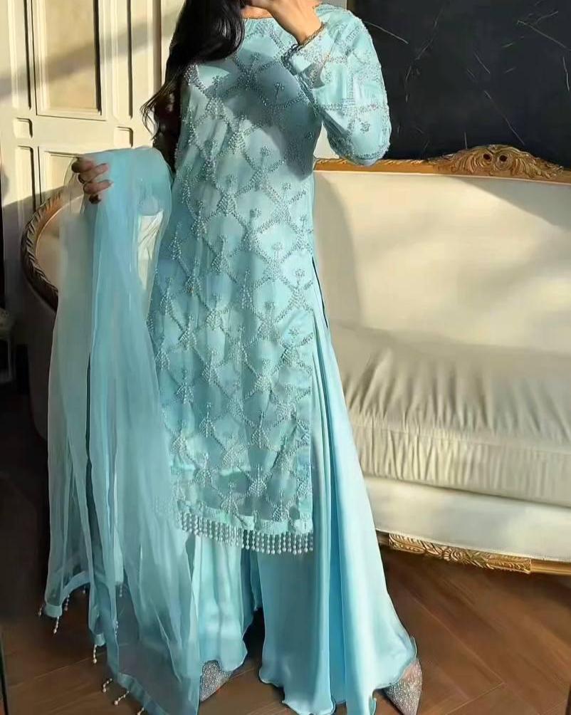 Sky Blue Heavy Embroidered Net Suit Set with Pearl Work & Dupatta