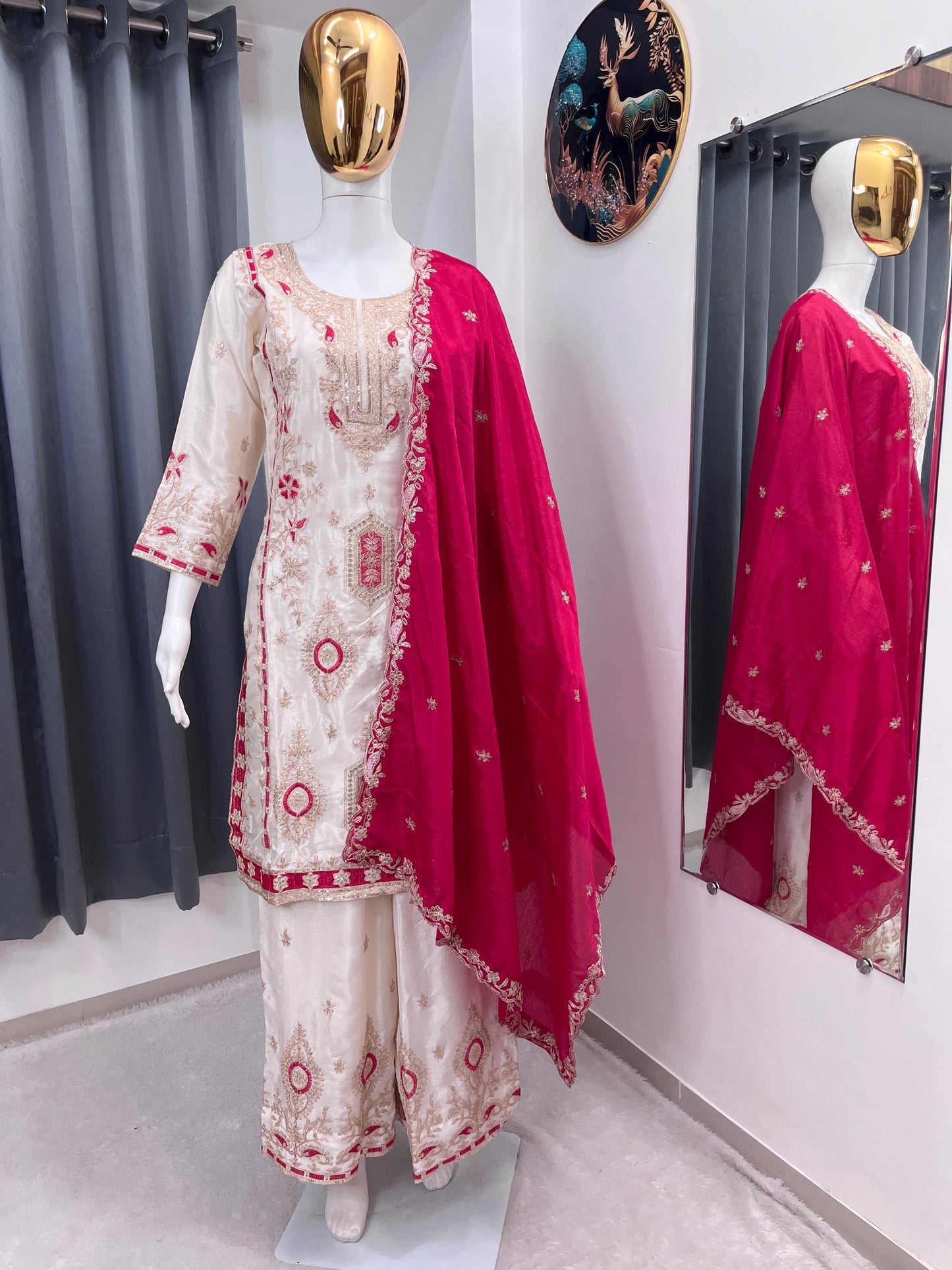 Pink Pure Chinon Silk White Kurta & Palazzo With Pink Dupatta Sequence Embroidered Work