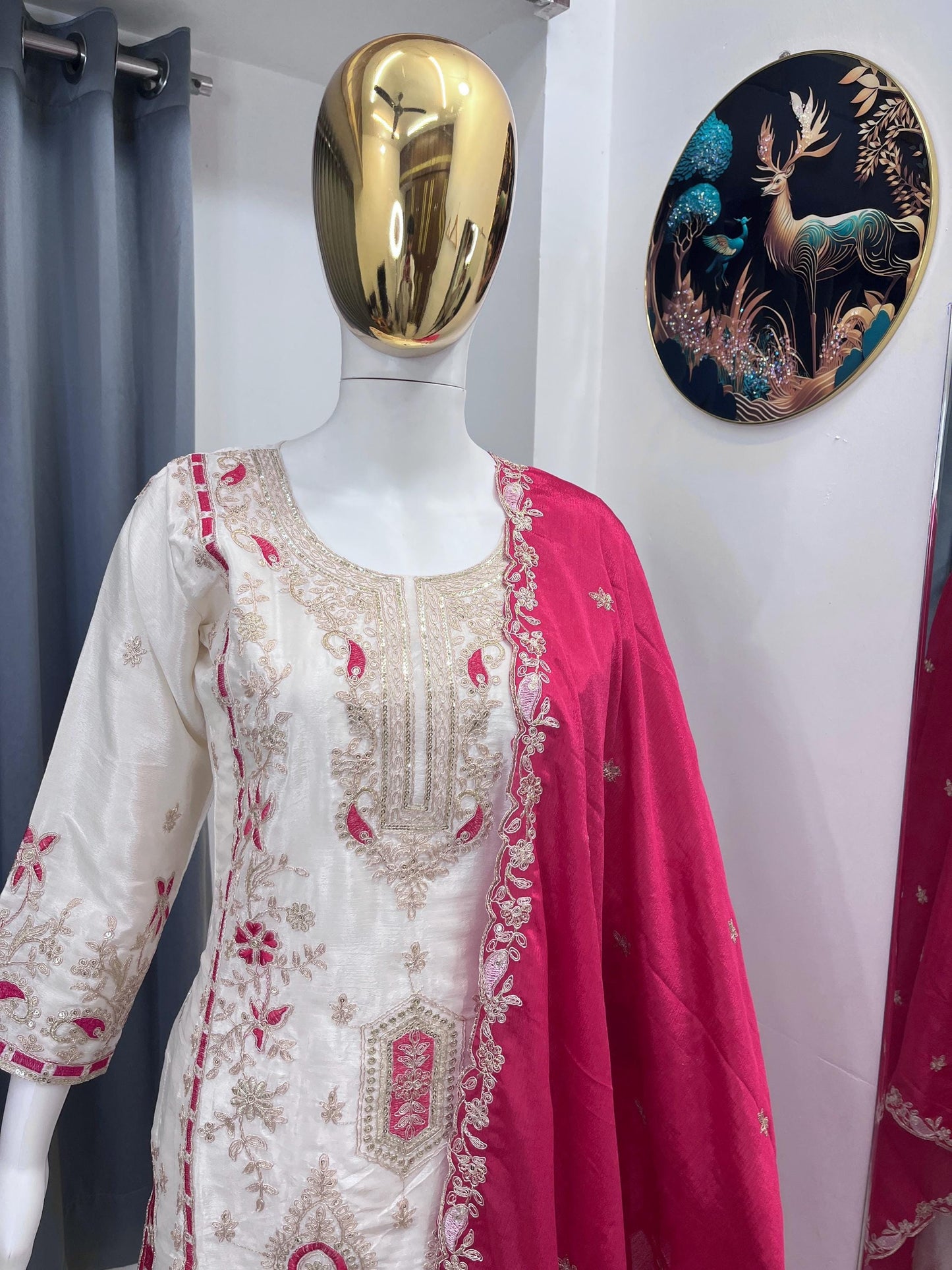 Pink Pure Chinon Silk White Kurta & Palazzo With Pink Dupatta Sequence Embroidered Work