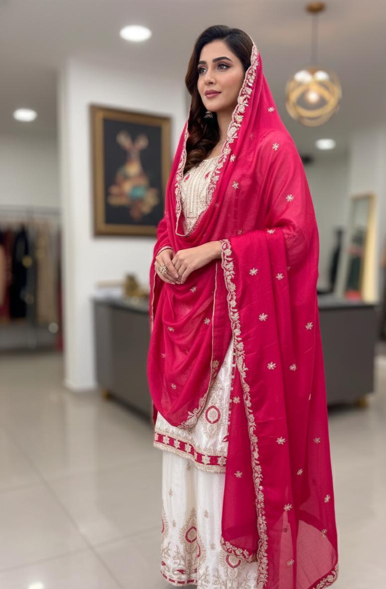 Pink Pure Chinon Silk White Kurta & Palazzo With Pink Dupatta Sequence Embroidered Work