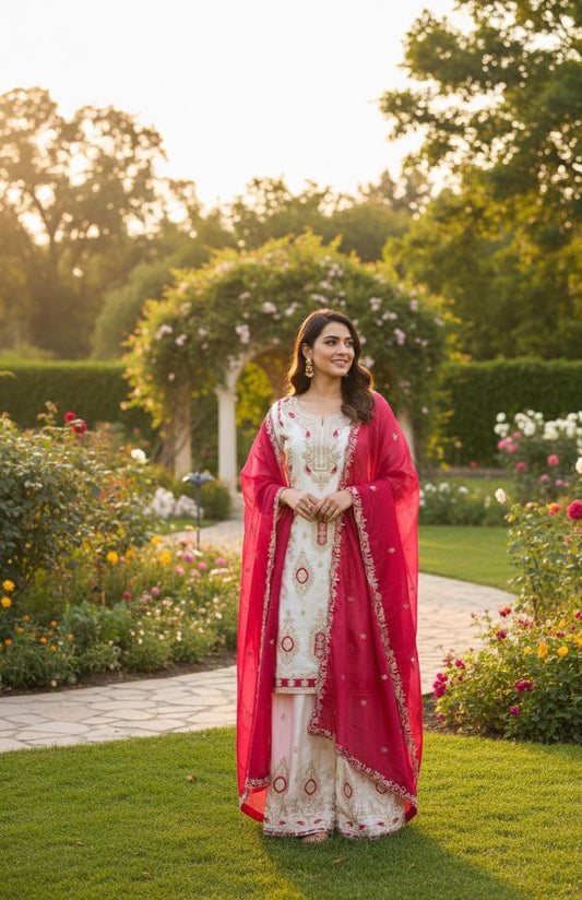 Pink Pure Chinon Silk White Kurta & Palazzo With Pink Dupatta Sequence Embroidered Work