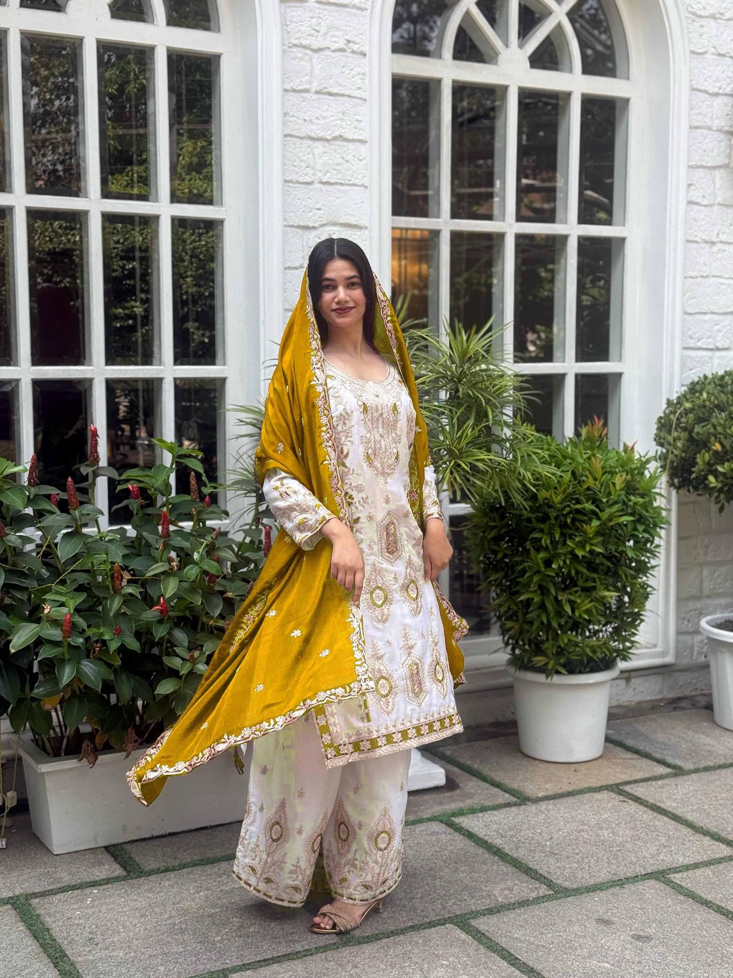 Designer Pure Chinon Silk Embroidered Kurta Palazzo Set with Mustard Dupatta