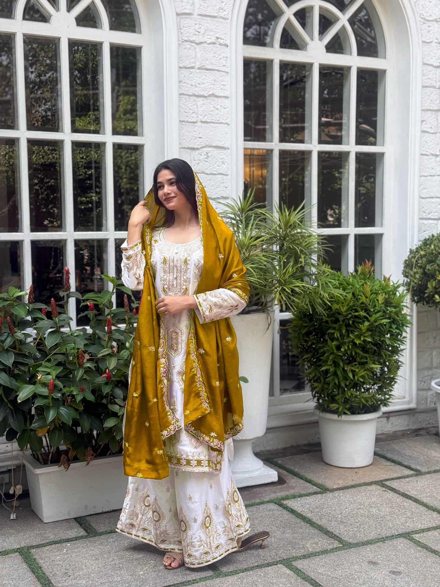 Designer Pure Chinon Silk Embroidered Kurta Palazzo Set with Mustard Dupatta