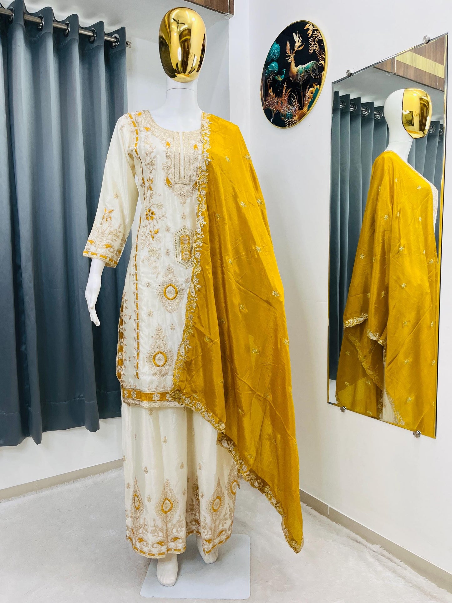 Designer Pure Chinon Silk Embroidered Kurta Palazzo Set with Mustard Dupatta