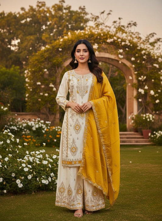 Designer Pure Chinon Silk Embroidered Kurta Palazzo Set with Mustard Dupatta