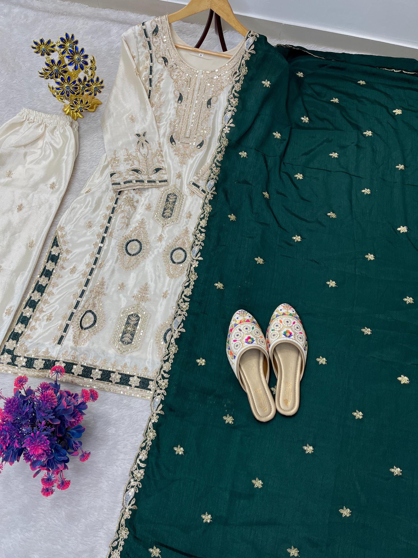 Eid Special Pure Chinon Silk Embroidered Kurta Palazzo Dupatta Set