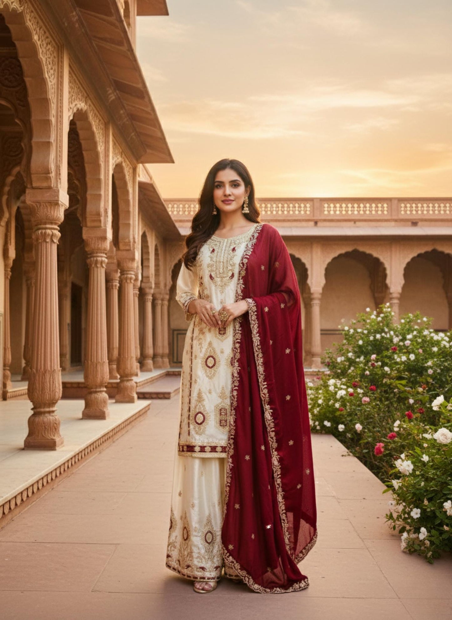 Elegant Cream & Maroon Embroidered Silk Kurta Palazzo Dupatta Set for Eid