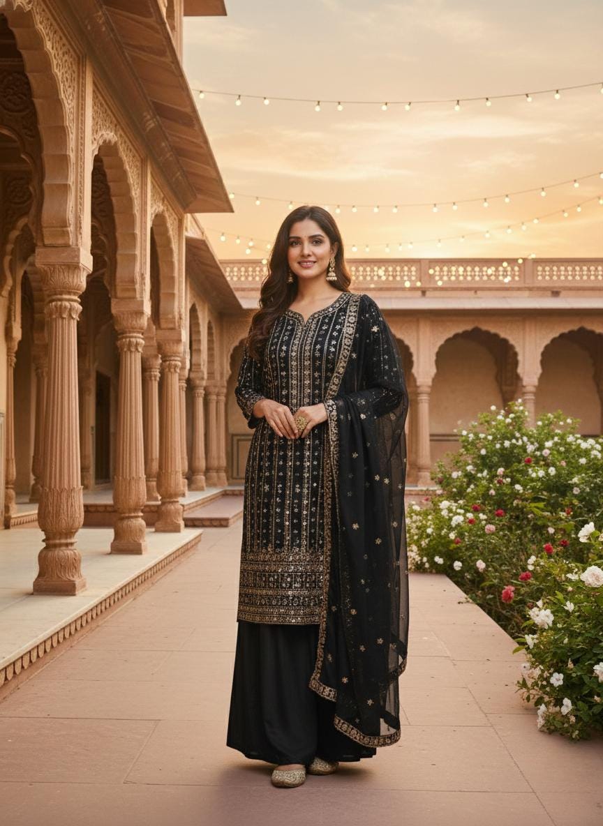 Black Georgette Kurta Palazzo Dupatta Set with Sequins Embroidery