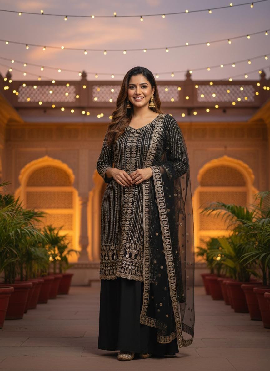 Black Georgette Kurta Palazzo Dupatta Set with Sequins Embroidery