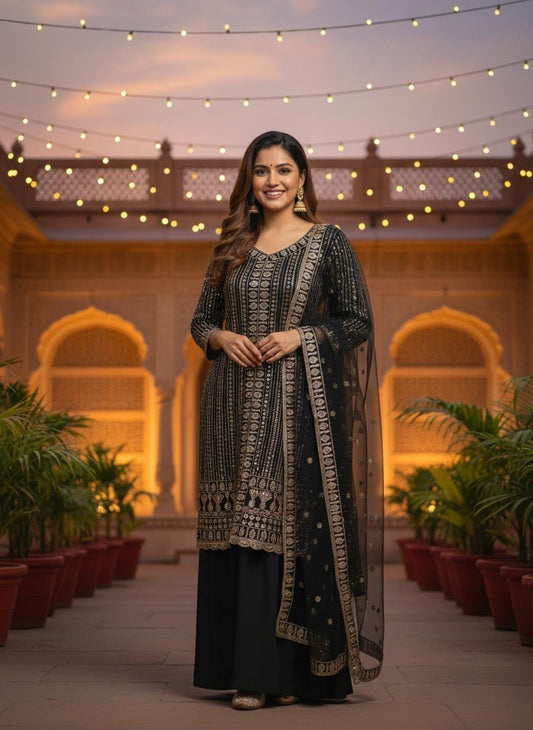 Black Georgette Kurta Palazzo Dupatta Set with Sequins Embroidery