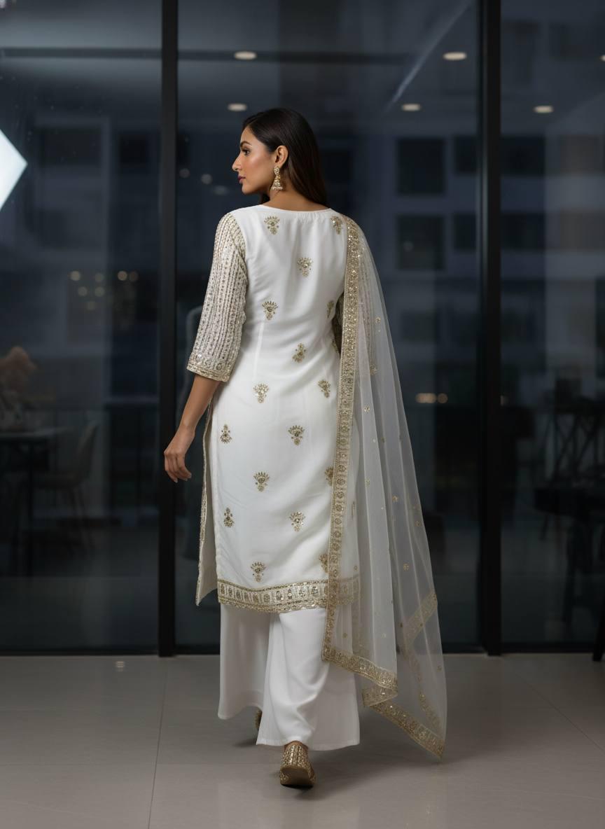 White Georgette Kurti Palazzo Suit Set | Sequins Zari Embroidery Dupatta