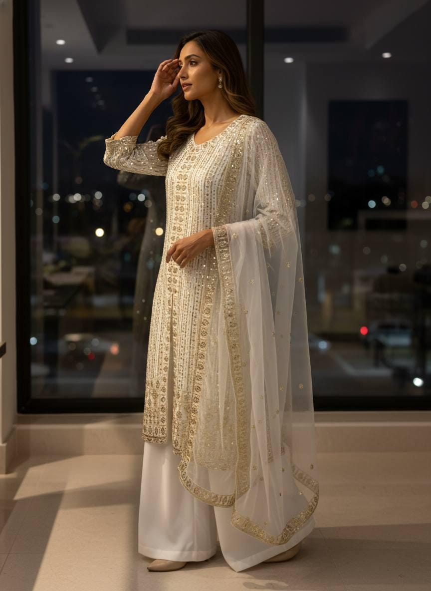 White Georgette Kurti Palazzo Suit Set | Sequins Zari Embroidery Dupatta