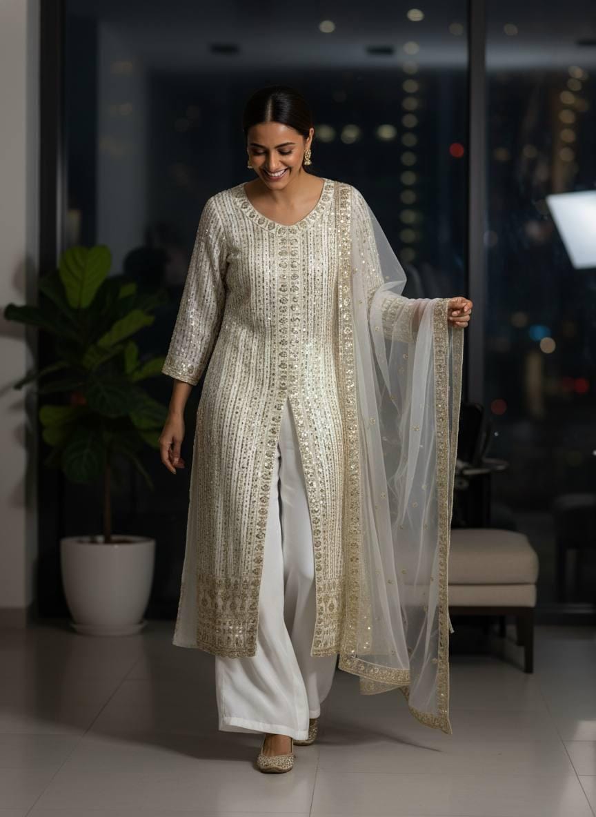 White Georgette Kurti Palazzo Suit Set | Sequins Zari Embroidery Dupatta