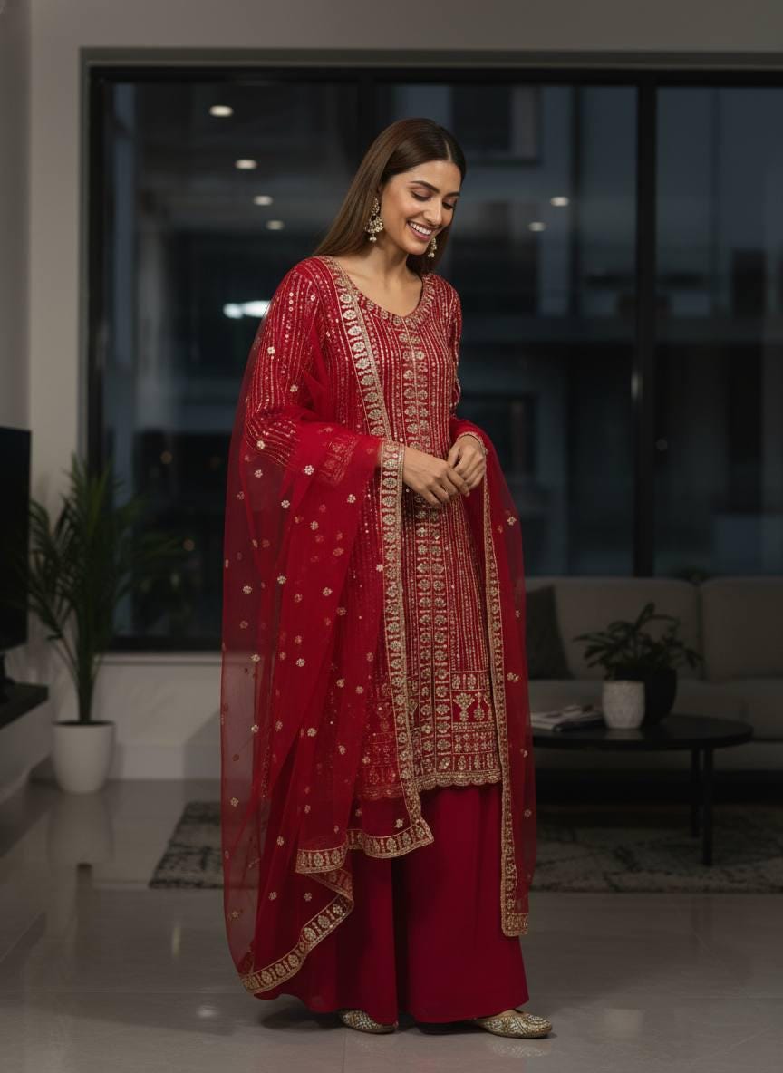Designer Red Pakistani Wedding Shalwar kameez Suit With Dupatta Set
