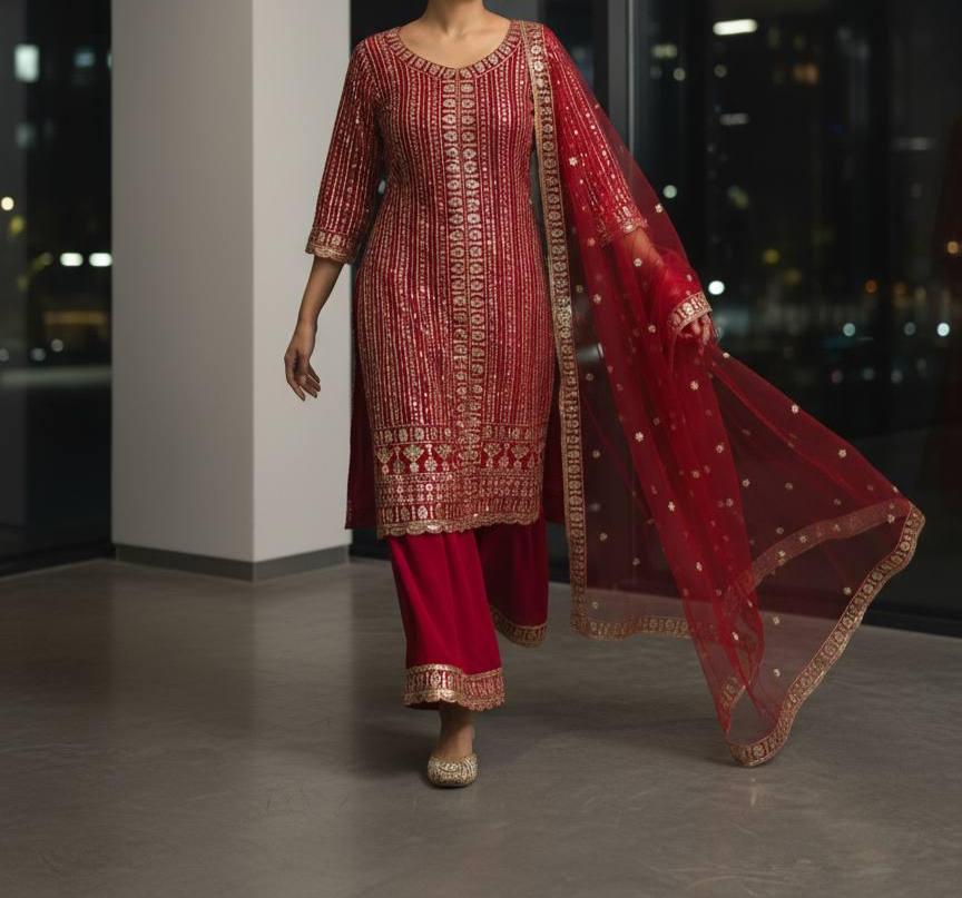 Designer Red Pakistani Wedding Shalwar kameez Suit With Dupatta Set